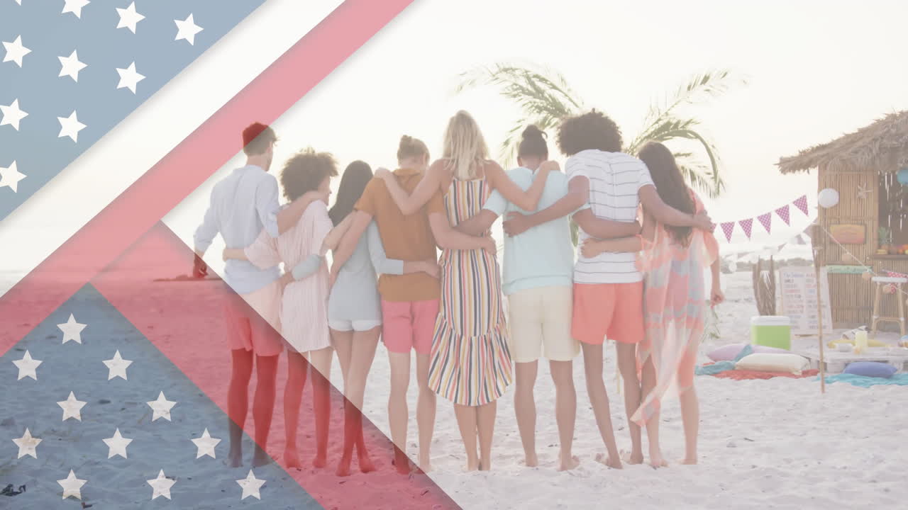 미국 발 애니메이션 오버레이와 함께 해변에 있는 친구들의 그룹