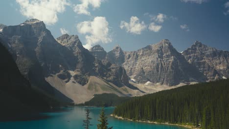 Static-shot-of-Moraine-Lake-on-a-clear-blue-day-during-the-summer-season-in-Banff-National-Park,-Alberta-in-the-rocky-mountains-of-Canada