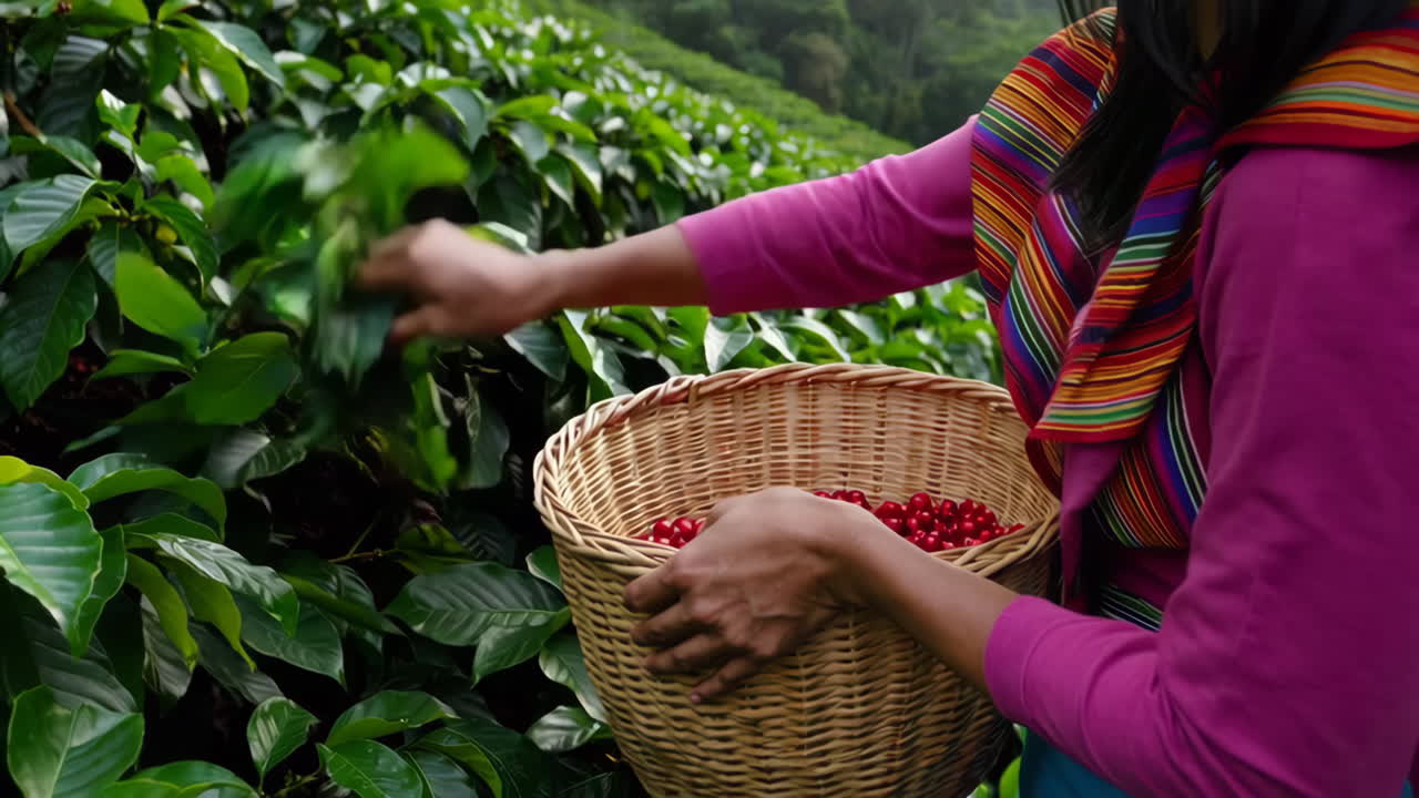 Cosecha de café en una plantación tropical de montaña