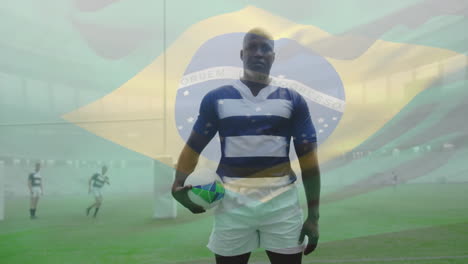 animation of flag of brazil over diverse rugby players on field