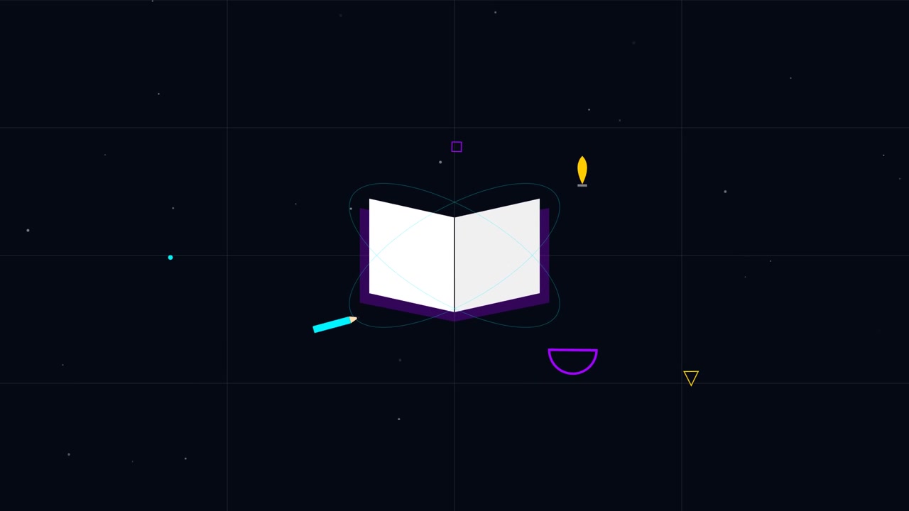 Icona libro aperto animata con forme geometriche fluttuanti