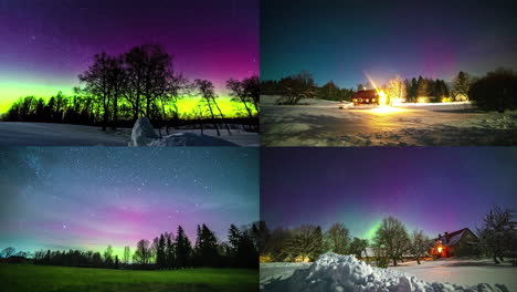 cuatro lapsos de tiempo de pantalla dividida de auroras boreales de astrología en la escena de la naturaleza por la noche