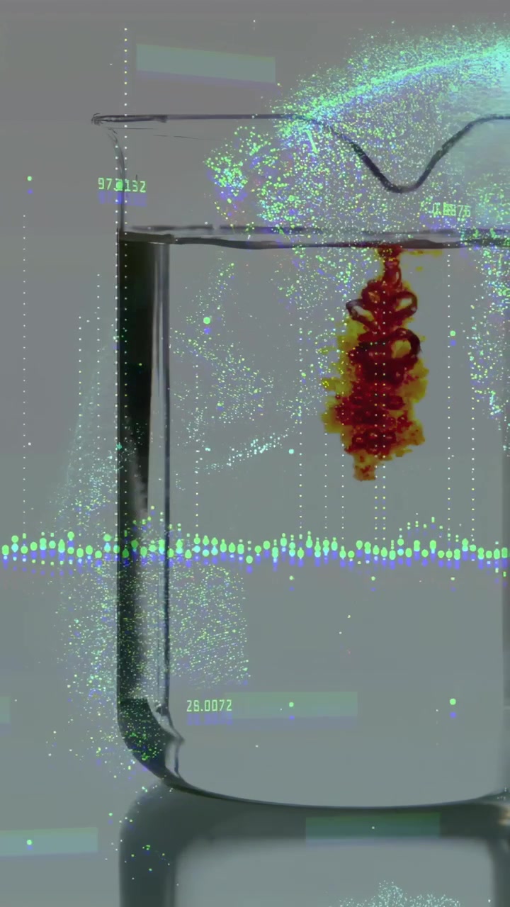 Vertical video: Offframe pipet dosing dye into beaker, plume piercing surface, overlay tracing flow