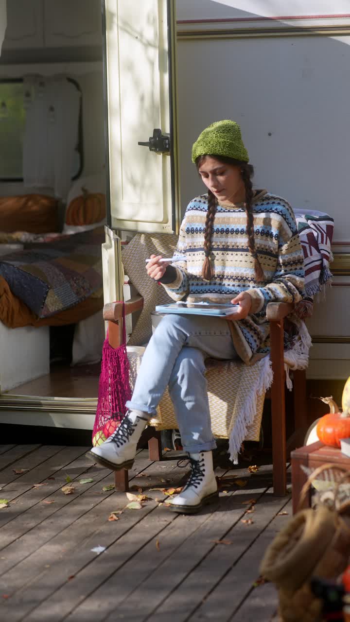 Donna che legge un tablet fuori dal camper