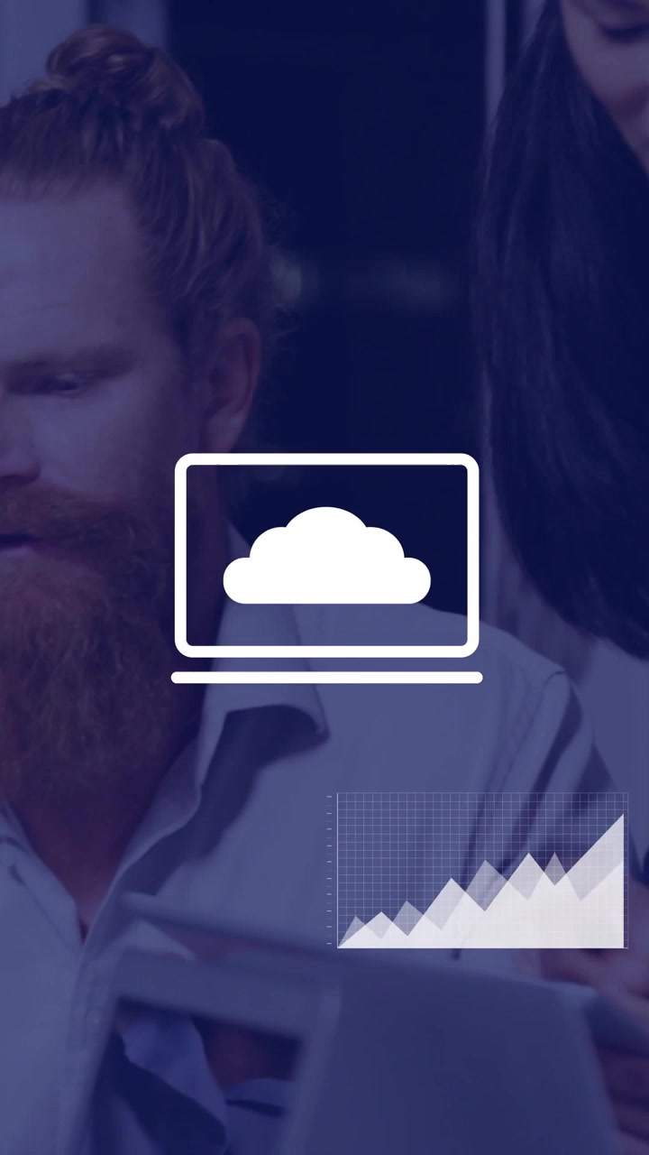 Vertical video: Leaning woman pointing at laptop sparking cloud and chart overlay guiding analytics