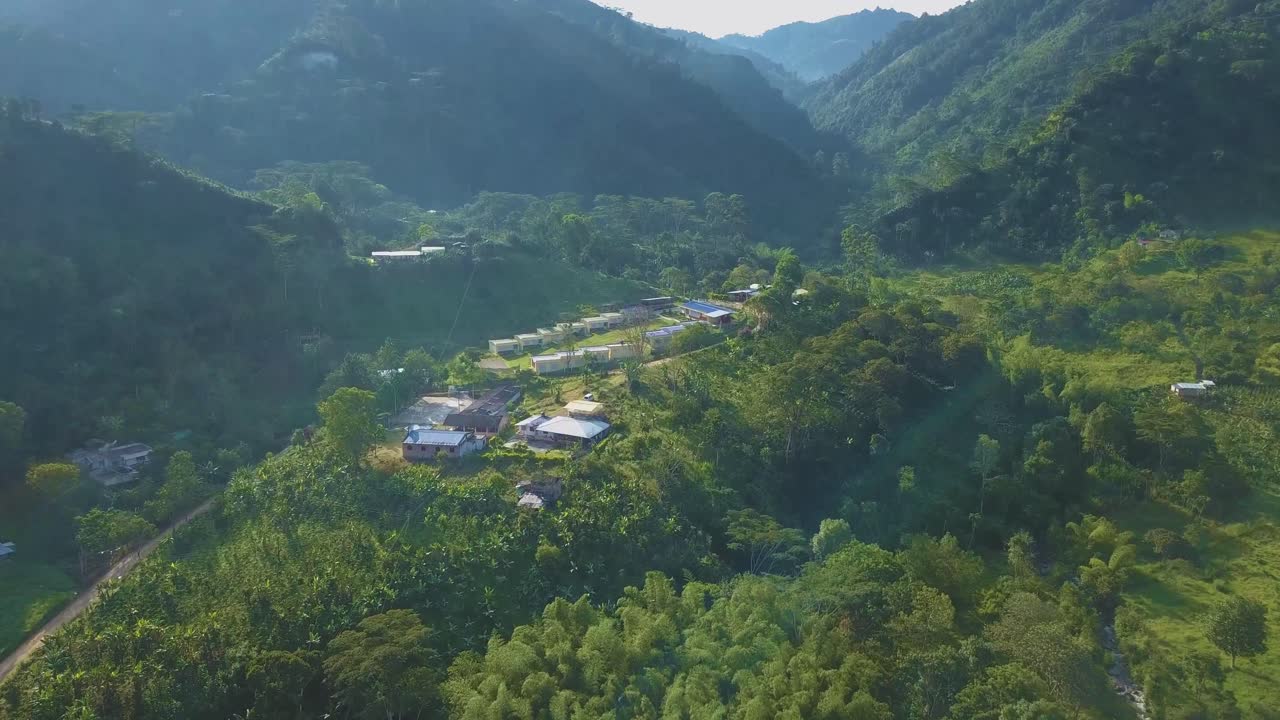Aerial shot of farms in mountainside, Huila, Colombia