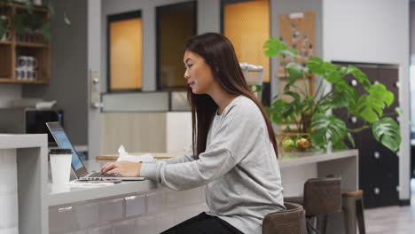 Businesswoman-Working-On-Laptop-In-Kitchen-Area-Of-Modern-Office