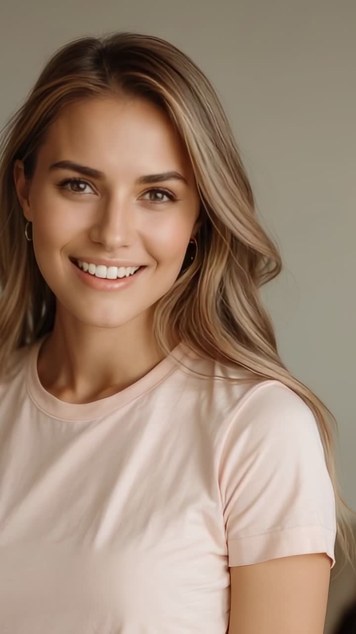 Vertical video: Entering frame, smiling woman in pink T-shirt tilting head grinning by beige wall