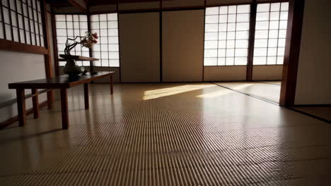 sunlit traditional japanese room with tatami mats and shoji screens