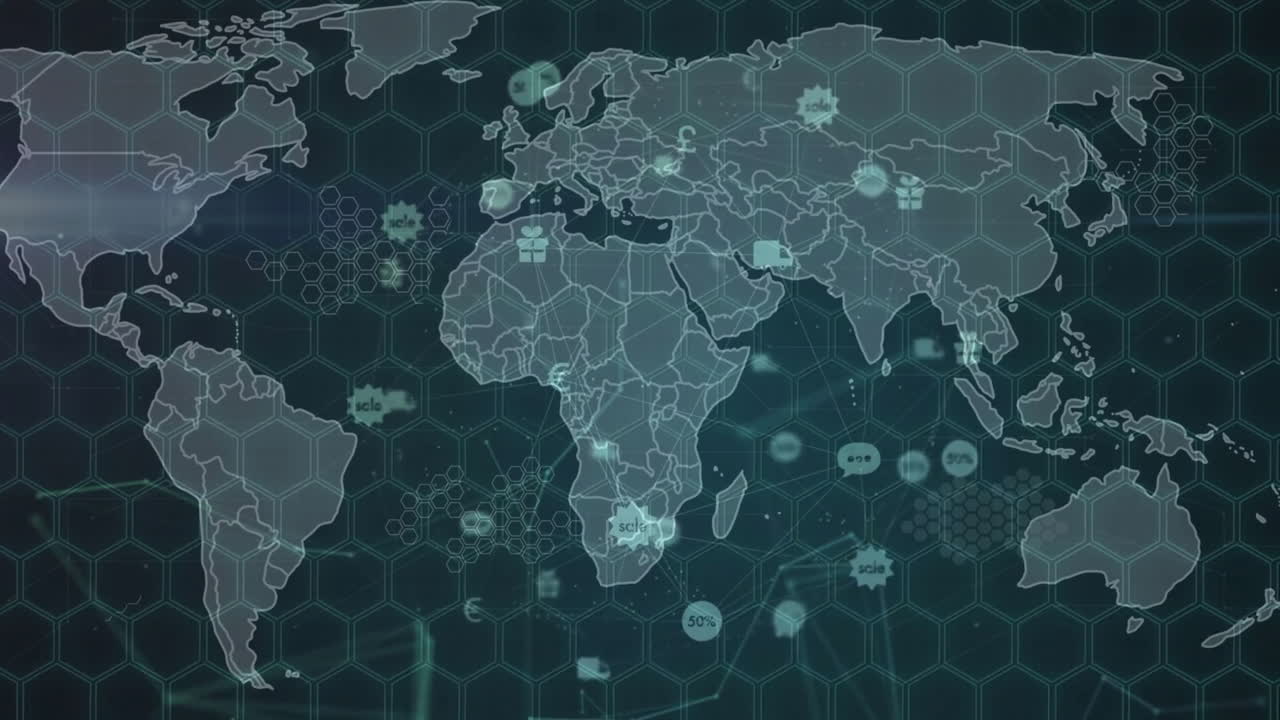 animación de iconos sobre el mapa del mundo en fondo negro