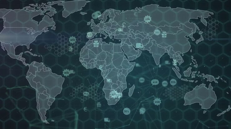 Animation of icons over world map on black background