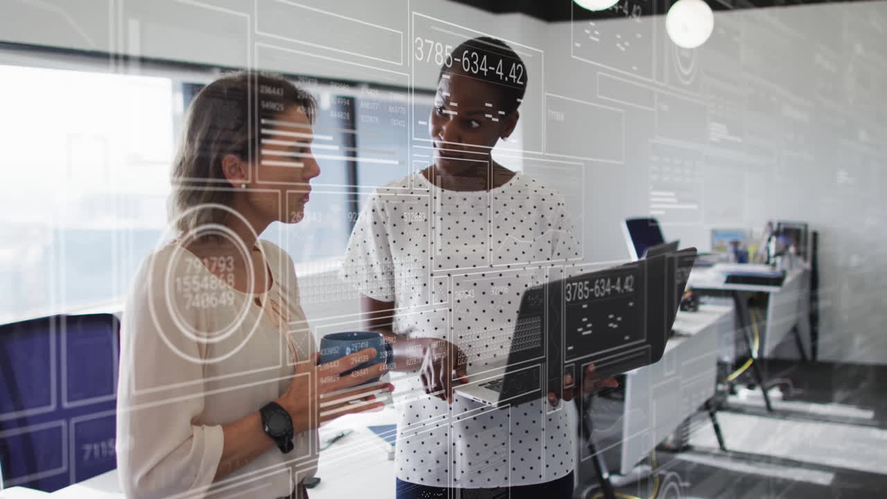 Animation of data processing over diverse business people in office