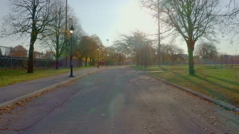 drone flying over a road in a public parc and rising over sports fields