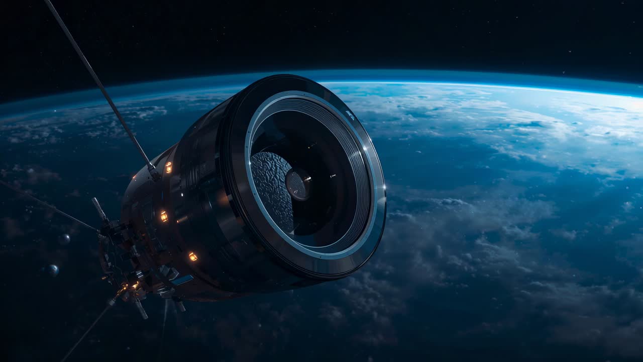 Camera framing unmanned cylinder rotating above Earth limb, revealing inner opening and tether