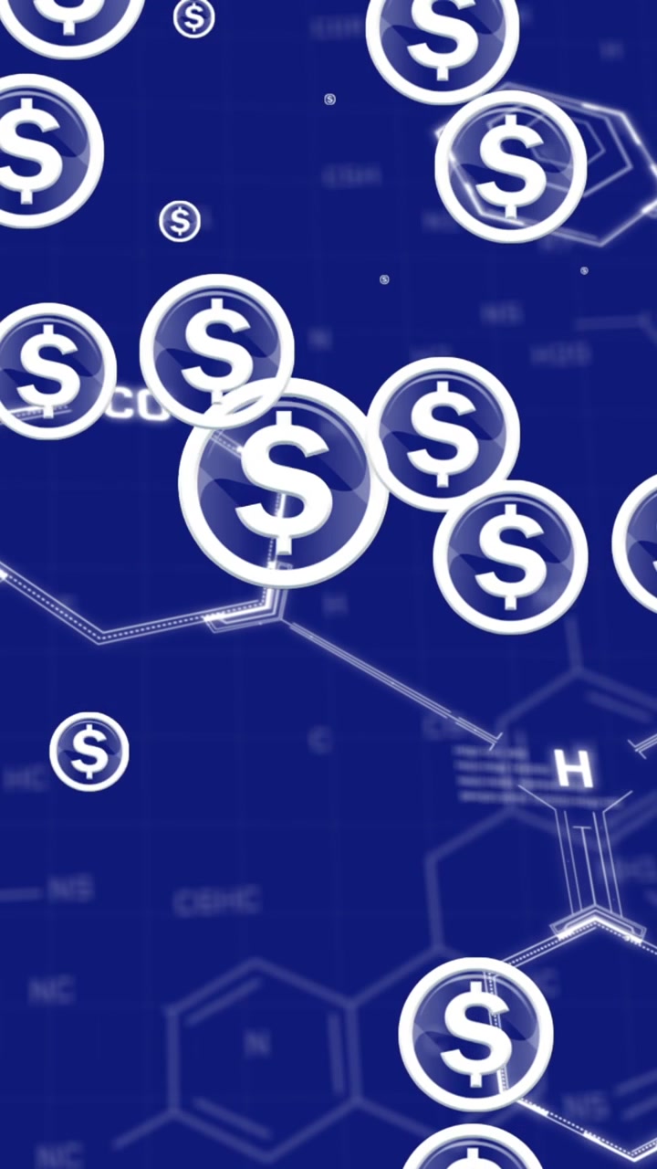 Animazione di elaborazione dati e simboli del dollaro su sfondo blu.