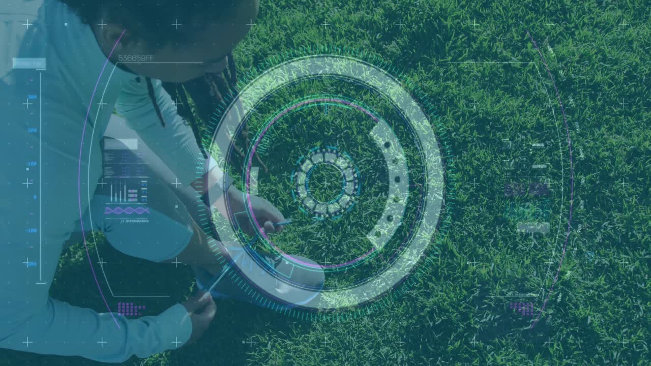 Animation of statistics and graphs over woman tying her shoes on grass