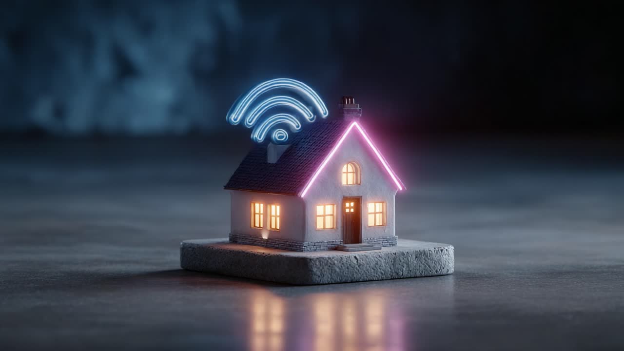 A modern miniature house illuminated with warm lights and a glowing Wi-Fi symbol above, symbolizing connectivity and smart home technology in a sleek design
