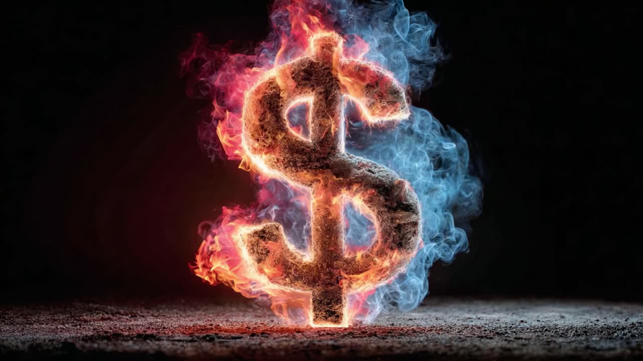 Rappresentazione visiva della ricchezza: un simbolo di valuta formulato tra fiamme e fumo che enfatizza la natura ardente del denaro in un contesto oscuro