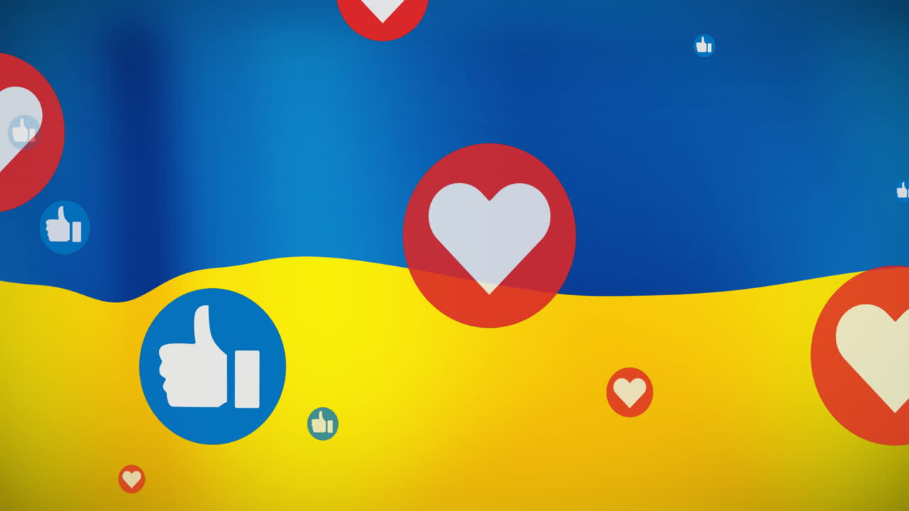 Animazione di reazioni sui social media che fluttuano sulla bandiera dell'Ucraina