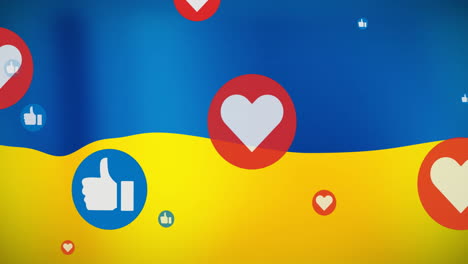 animación de reacciones en las redes sociales flotando sobre la bandera de ucrania