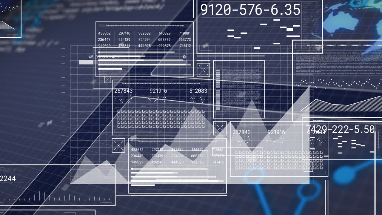 Analyzing digital data with graphs and numbers on blue grid background animation
