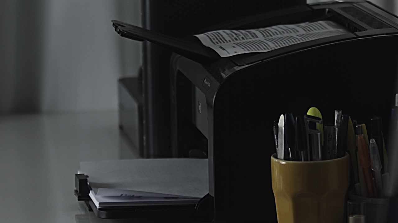 Close-up of a printer on a desk in an office
