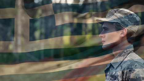 Animation-of-flag-of-greece-over-caucasian-male-soldier-saluting