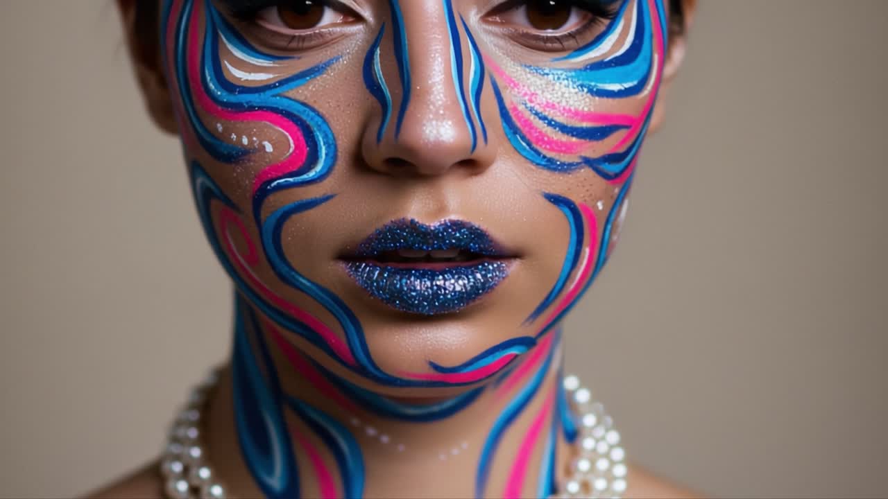 Vibrant Artistry: Stunning Close-Up of a Model with Colorful Face Paint and Glittery Lips, Showcasing Uniquely Artistic Expression and Modern Makeup Trends