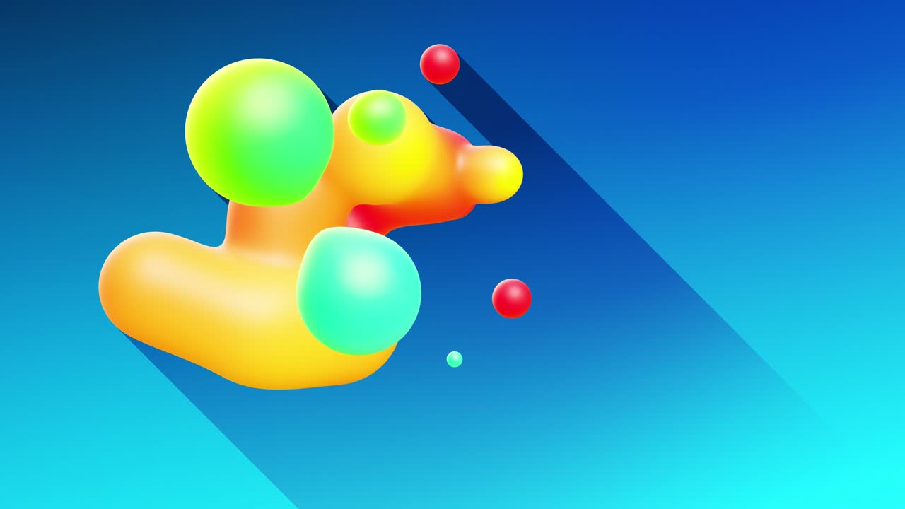 bolas multicolores o burbujas con colores de gradiente populares y en el material de brillo subterráneo volar en el aire se fusionan como gotas metabolas, esferas que arrojan sombras largas. 4k fondo en bucle sin costuras 9