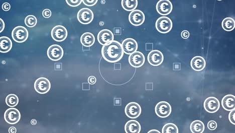 multiple euro icons and network of connections against clouds in the blue sky