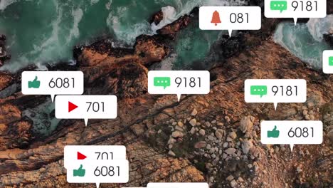 animación de iconos de las redes sociales sobre la costa y el paisaje marino