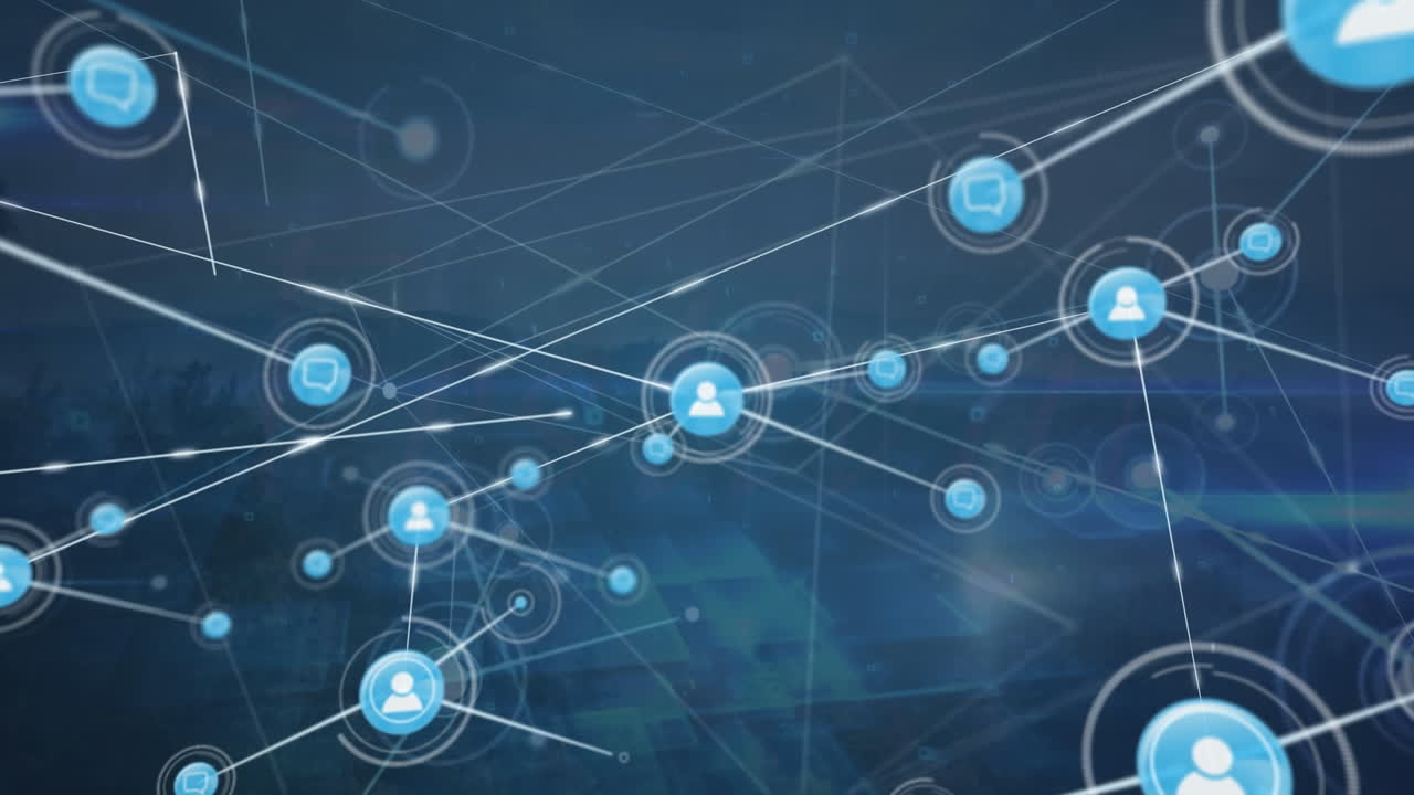 animación de una red de iconos digitales y senderos de luz contra un paisaje con montañas y árboles