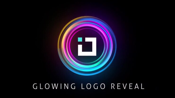 Animazione di rivelazione logo circolare luminosa e colorata con effetti particellari