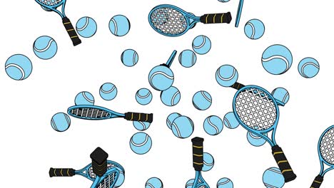 toon style pale blue tennis balls and tennis rackets on white background.