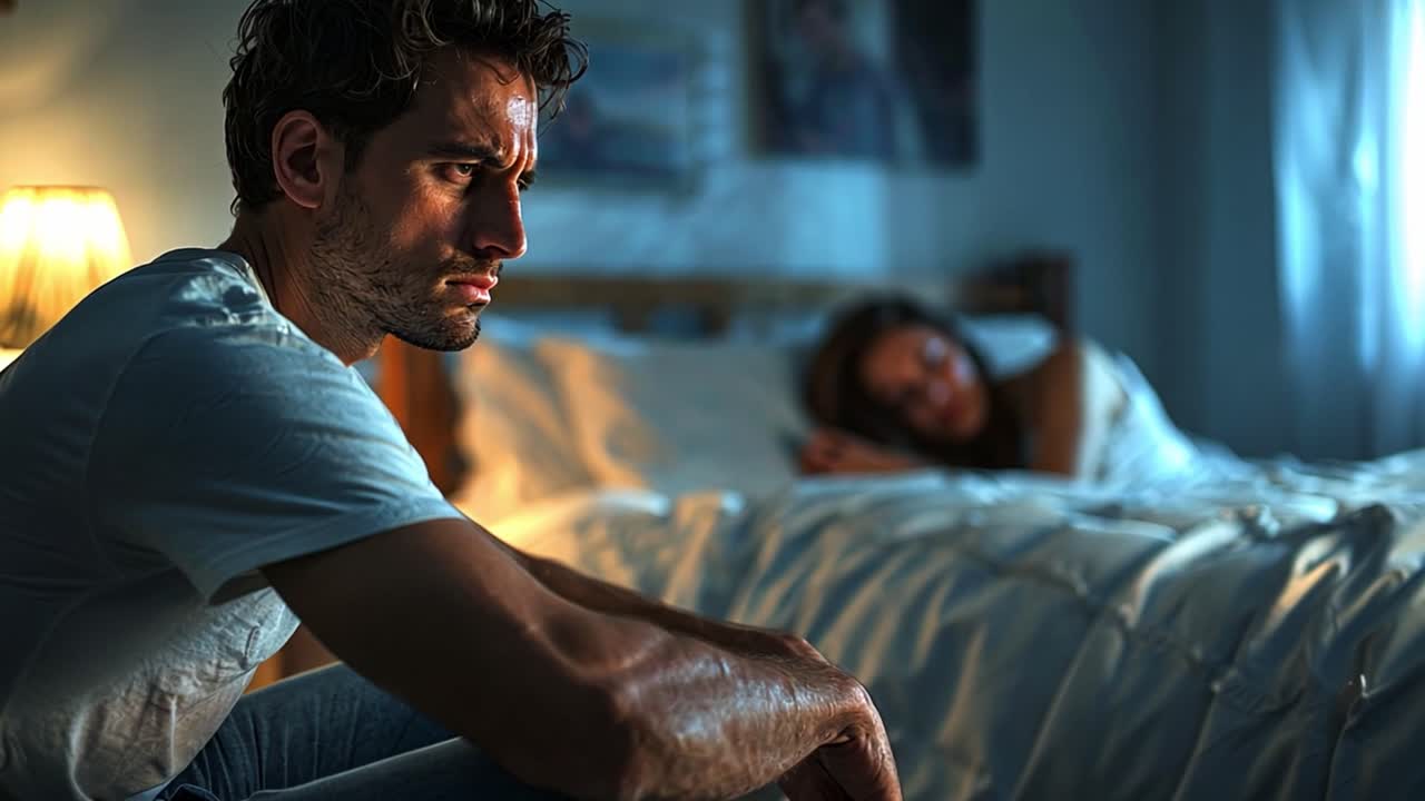 Man in distress sits by bed while woman sleeps, depicting relationship issues or personal struggles