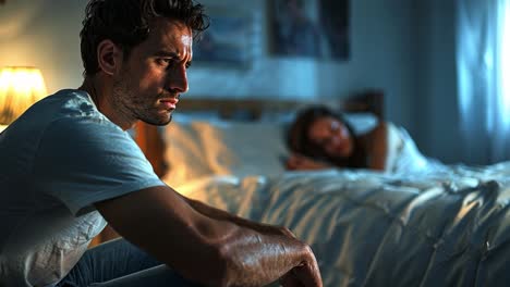 man in distress sits by bed while woman sleeps, depicting relationship issues or personal struggles