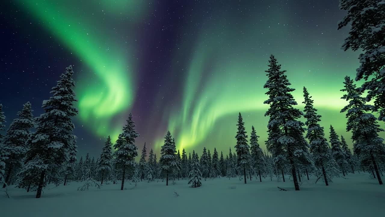 Mesmerizing Aurora Borealis Dancing Over a Winter Wonderland Landscape, Illuminating the Night Sky with Vibrant Green and Purple Hues Amidst Snow-Covered Trees
