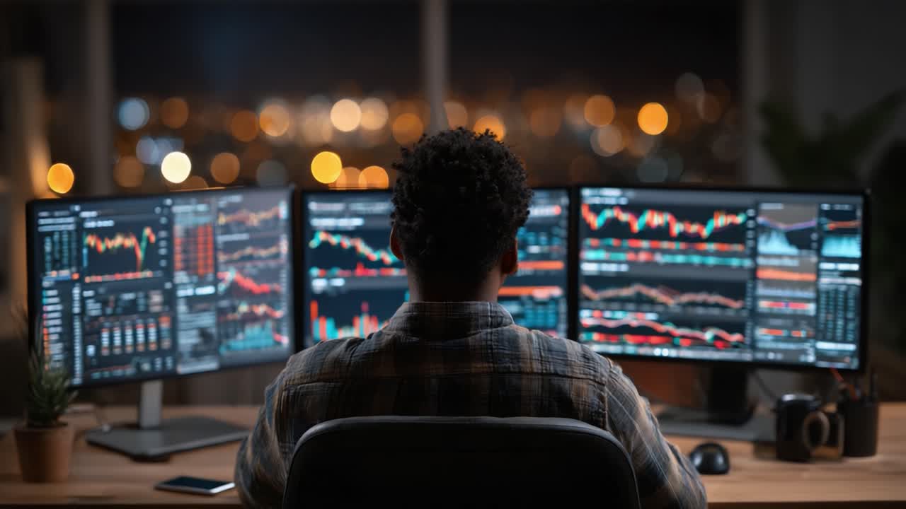 A Data Analyst's Hub: Engaging with Multiple Screens of Analytical Graphs and Market Trends in a Modern Workspace with Night City View