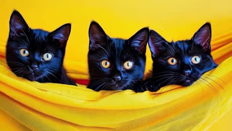 three black kittens peeking out from behind a yellow cloth