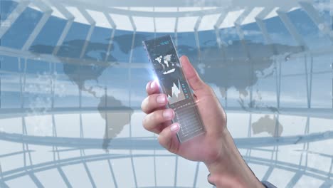 teléfono móvil futurista en la mano contra un fondo generado digitalmente