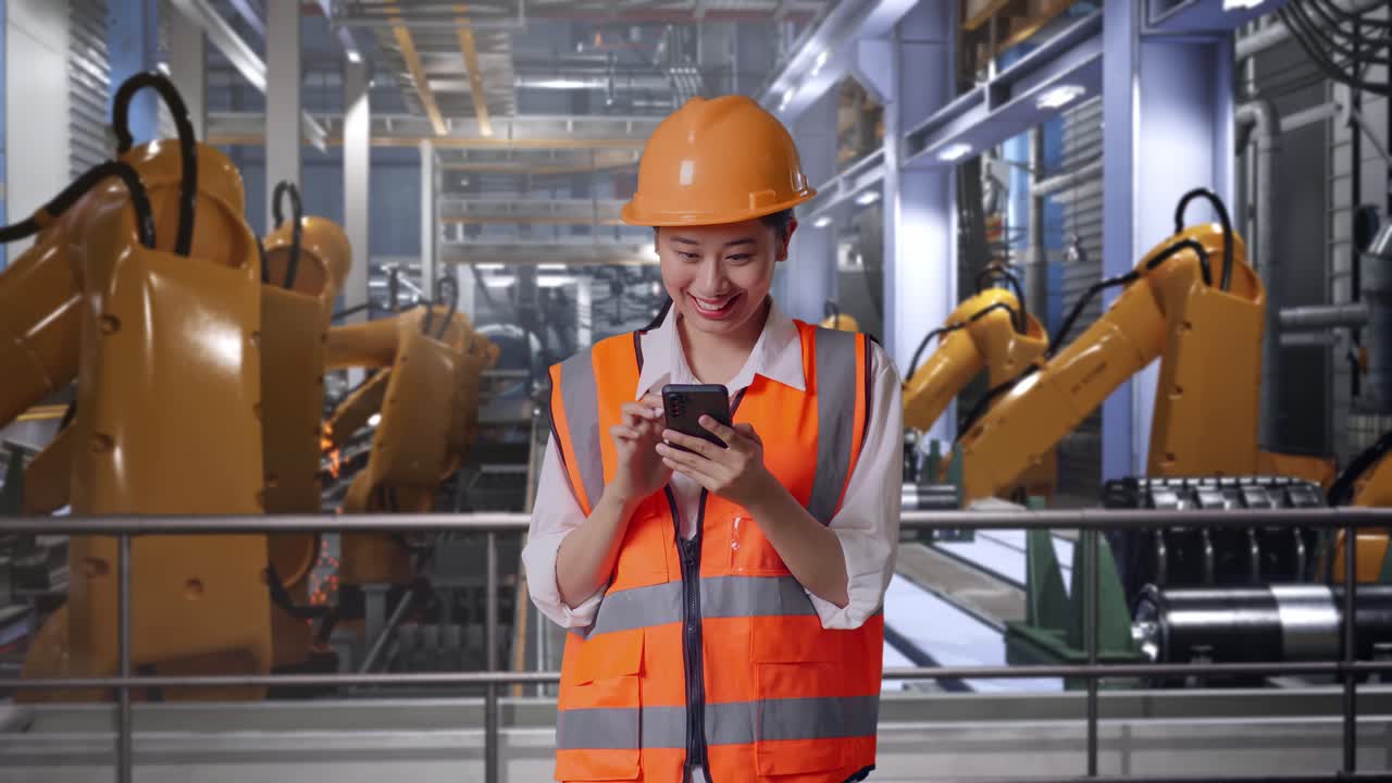 Ingegnera che usa uno smartphone in una fabbrica