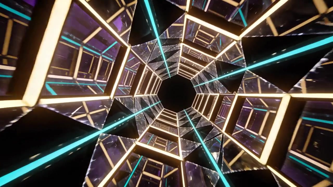 Un túnel hexagonal giratorio después del inicio del bucle en CG, con marcos dorados, haces de color verde azulado y un vacío negro.