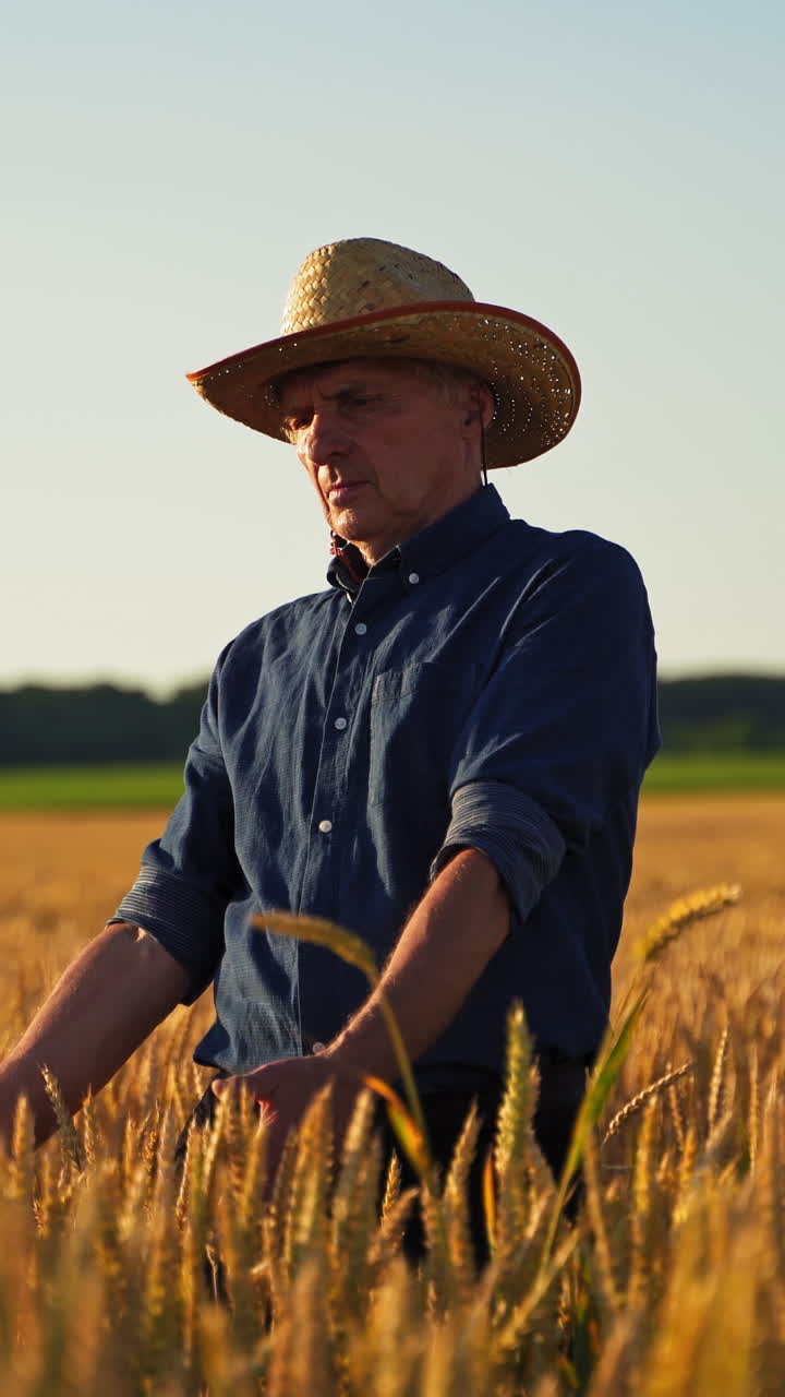 Agronomist on golden field. Farmer in straw hat walking among agricultural plants and touches wheat ears at sunset. Vertical video
