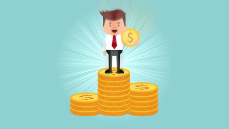 businessman standing on a stack of money