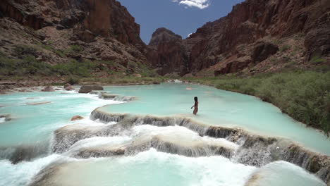 Woman-in-Bikini-in-Oasis-of-Grand-Canyon-National-Park,-Hopi-Salt-Trail,-Arizona-USA,-Slow-Motion