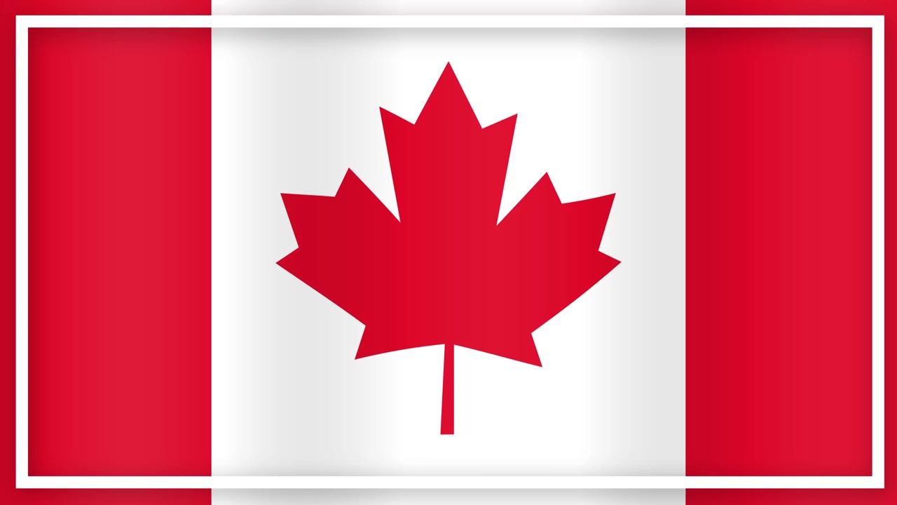 Una griglia di bandiere canadesi che sventolano in movimento sincronizzato con effetti di luce soffusa.