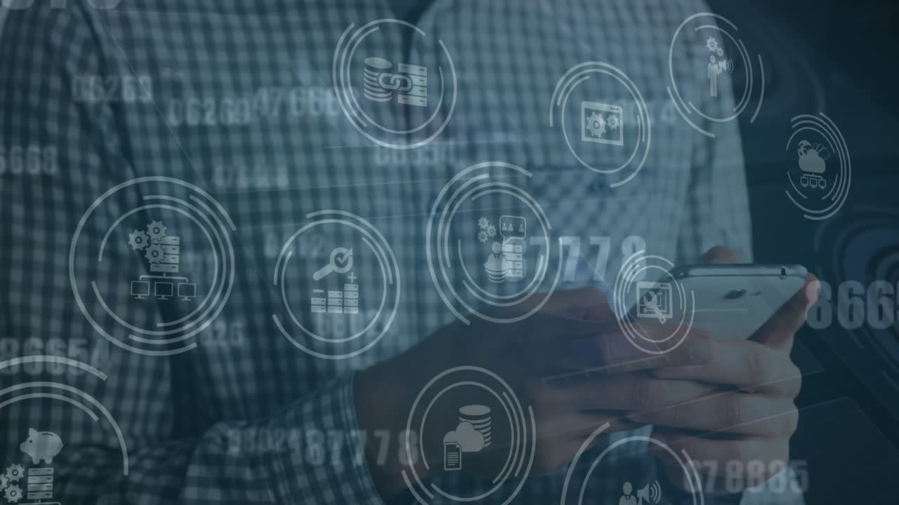 animación de números cambiantes, múltiples iconos, sección media de un hombre caucásico usando un teléfono inteligente