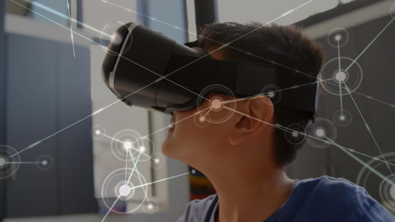 Network of connections with schoolboy wearing VR headset