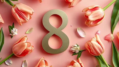 international women's day celebration with golden 8 and pink tulips