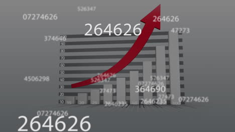 animación de la interfaz digital con números cambiantes, flecha roja, procesamiento de datos financieros